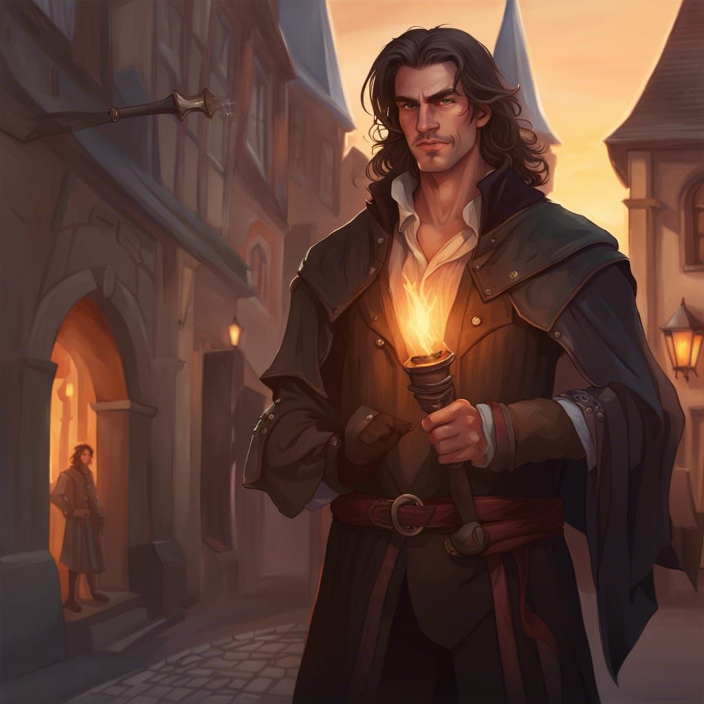 Medieval Man with Torch in Sunset Portrait