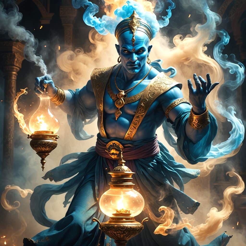 Ethereal Blue Genie Emerges from Lamp