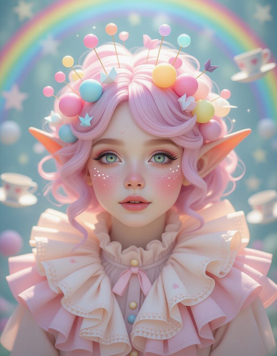 Whimsical Forest Sprite Portrait with Floating Jellybeans