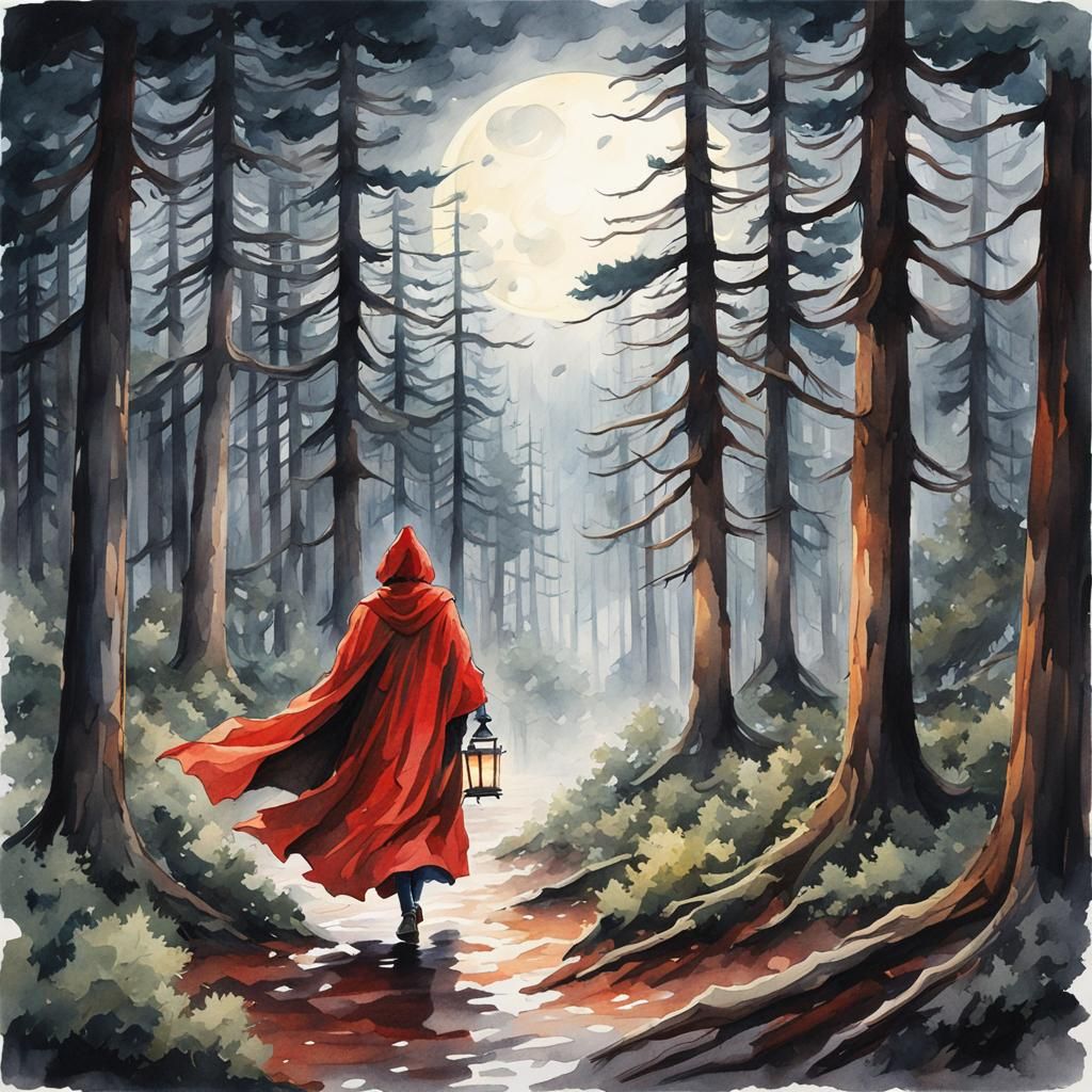 Woman with Lantern in Moody Forest, Watercolor