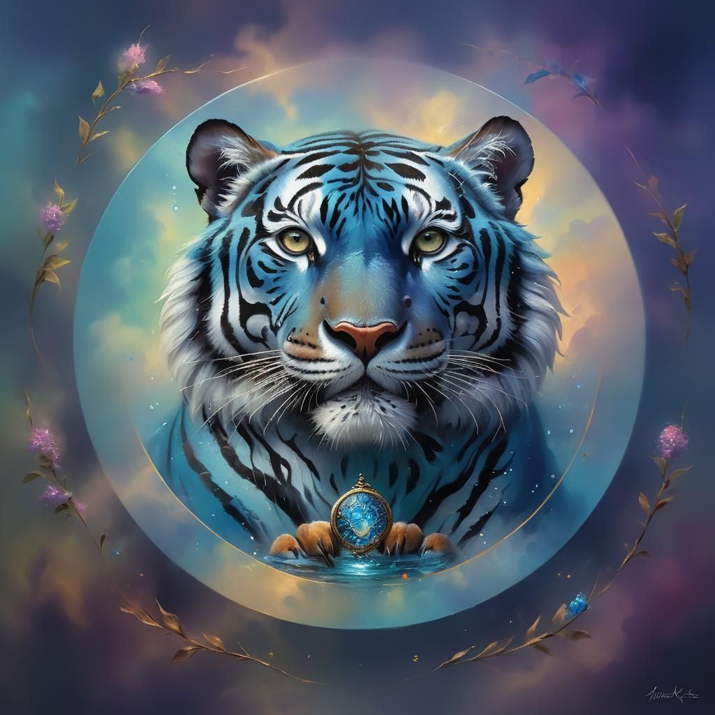 Vibrant Blue Tiger Portrait in Ethereal Style