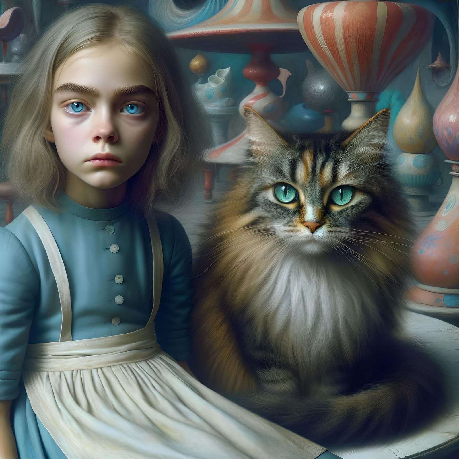 Melancholic Girl with Cat in Surreal Fairytale Setting