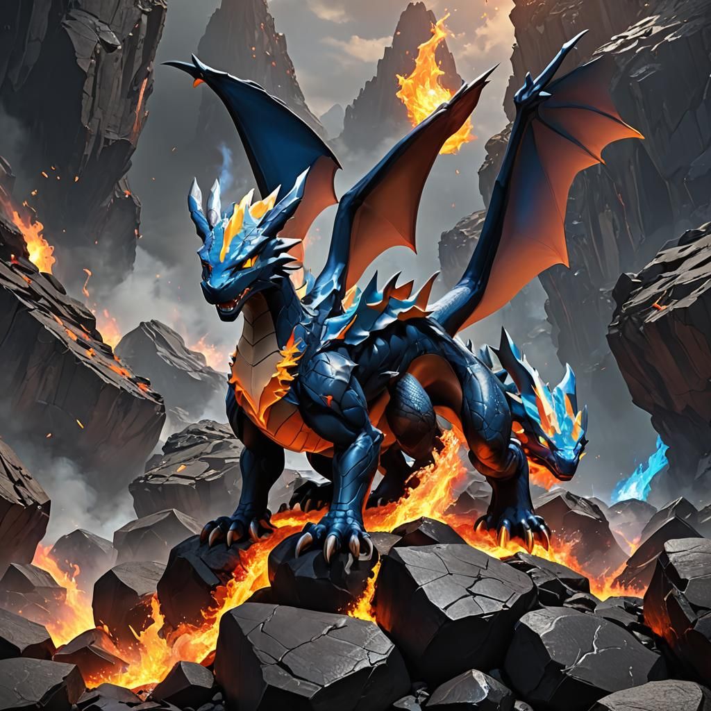Realistic Female Mega Charizard on Molten Rock