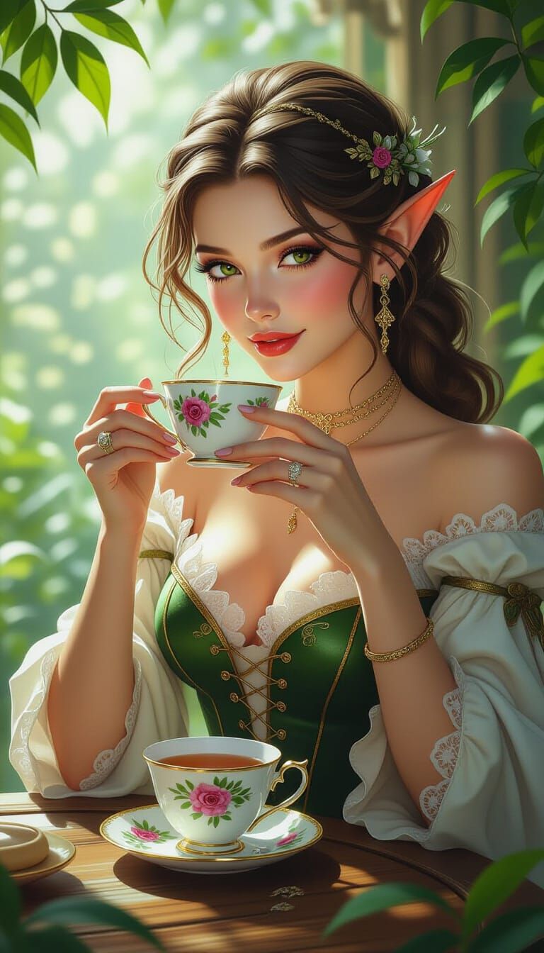 Elegant Elf Woman Sipping Tea, Photorealistic Digital Art