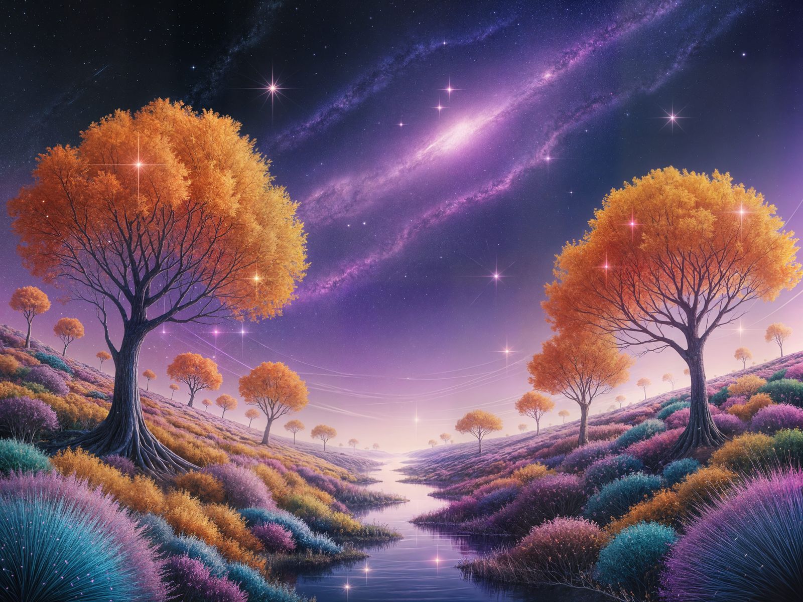 Cosmic Dreamscape with Vibrant Orange Trees in Soft Ethereal...