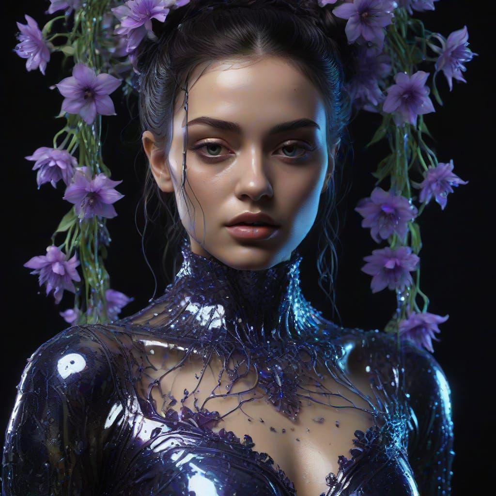 a ferrofluid  goth girl wearing a silver sequin dress   trap...