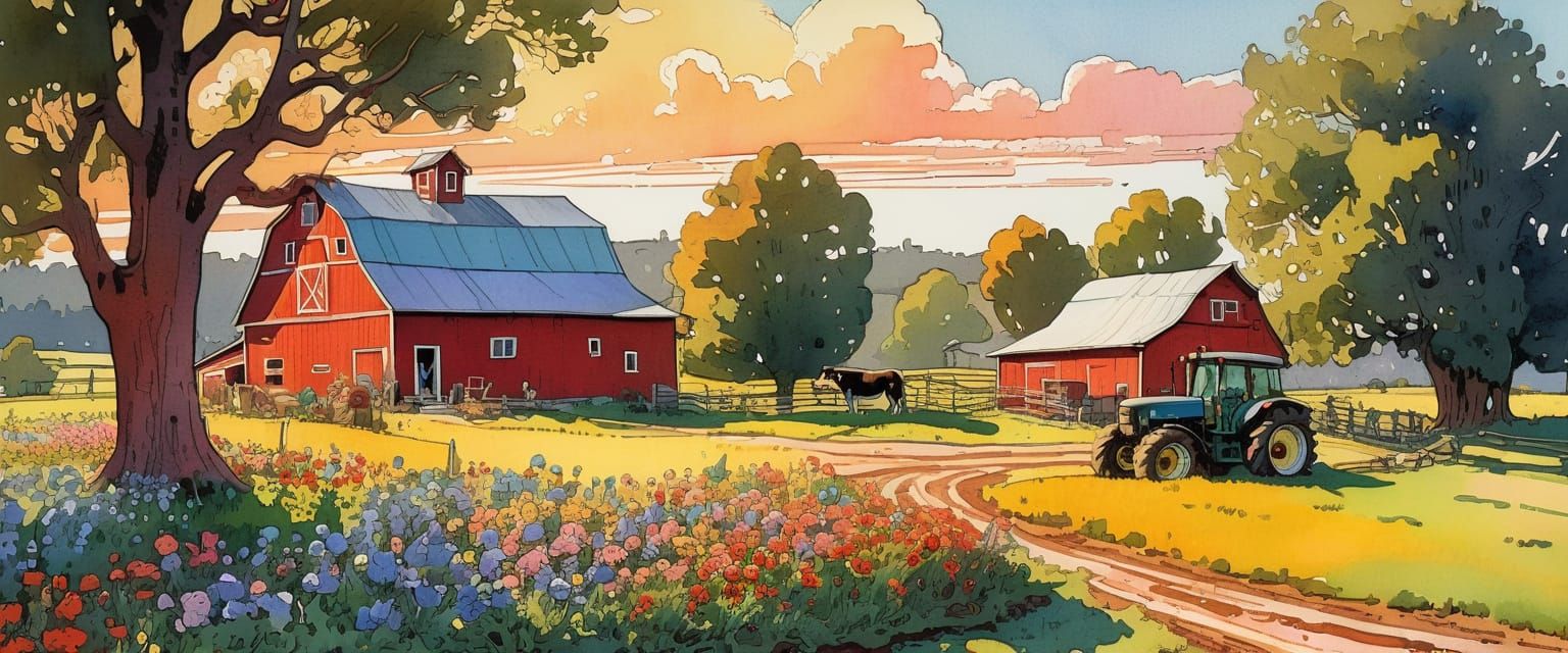 Farm Scene with Animals and Rural Elements in Comic Style