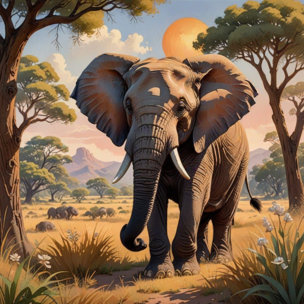 Surreal Elephant in Whimsical Watercolor Style