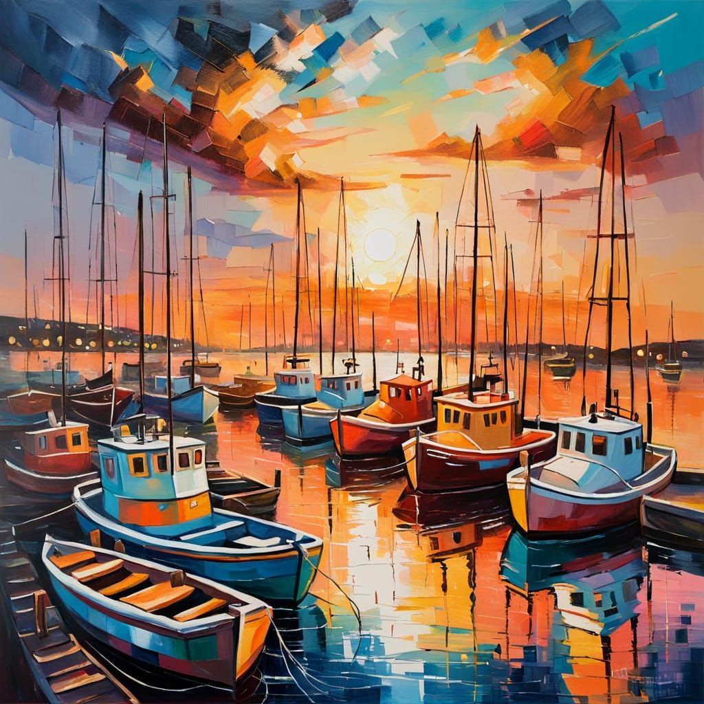 Vibrant Harbour Dreamscape with Boats and Unreal Sunset