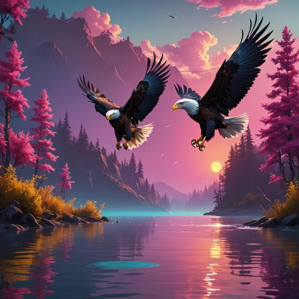Eagle diving in a lake to catch a fish :: whimsical spirit a...