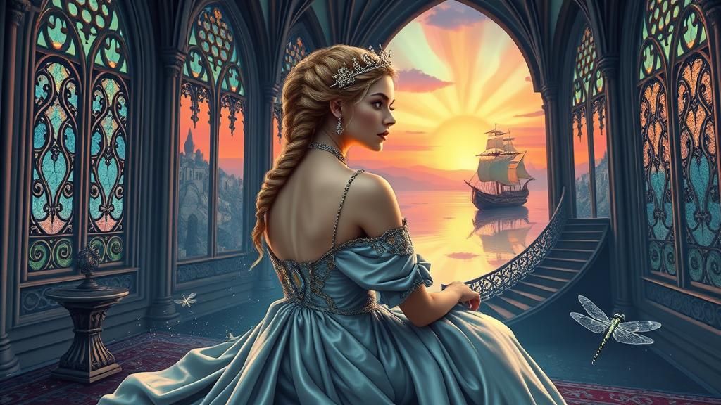 Queen in Gothic Throne Room with Aurora Borealis