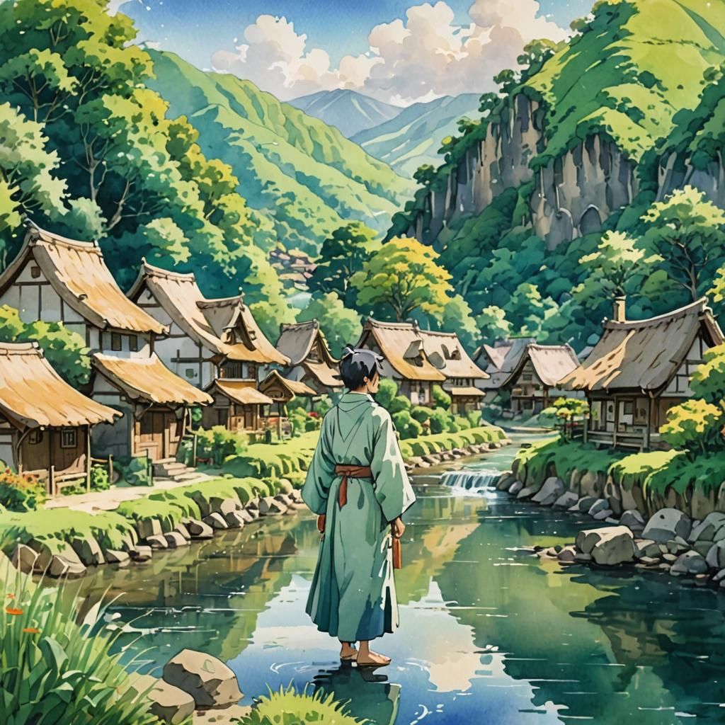 Young Mage in Anime Village: Watercolor Ghibli Style