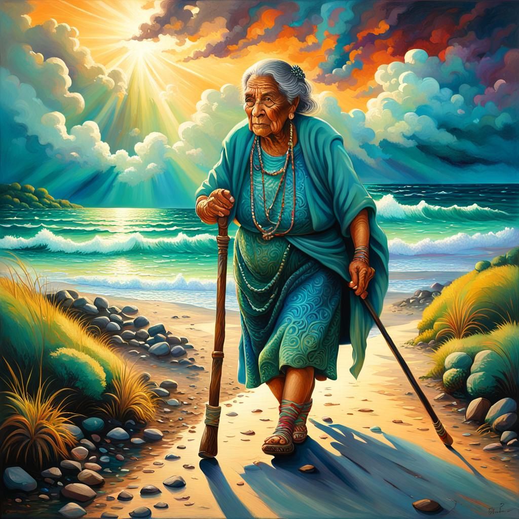 Maori Woman with Grandchild in Dreamcore Oil Painting