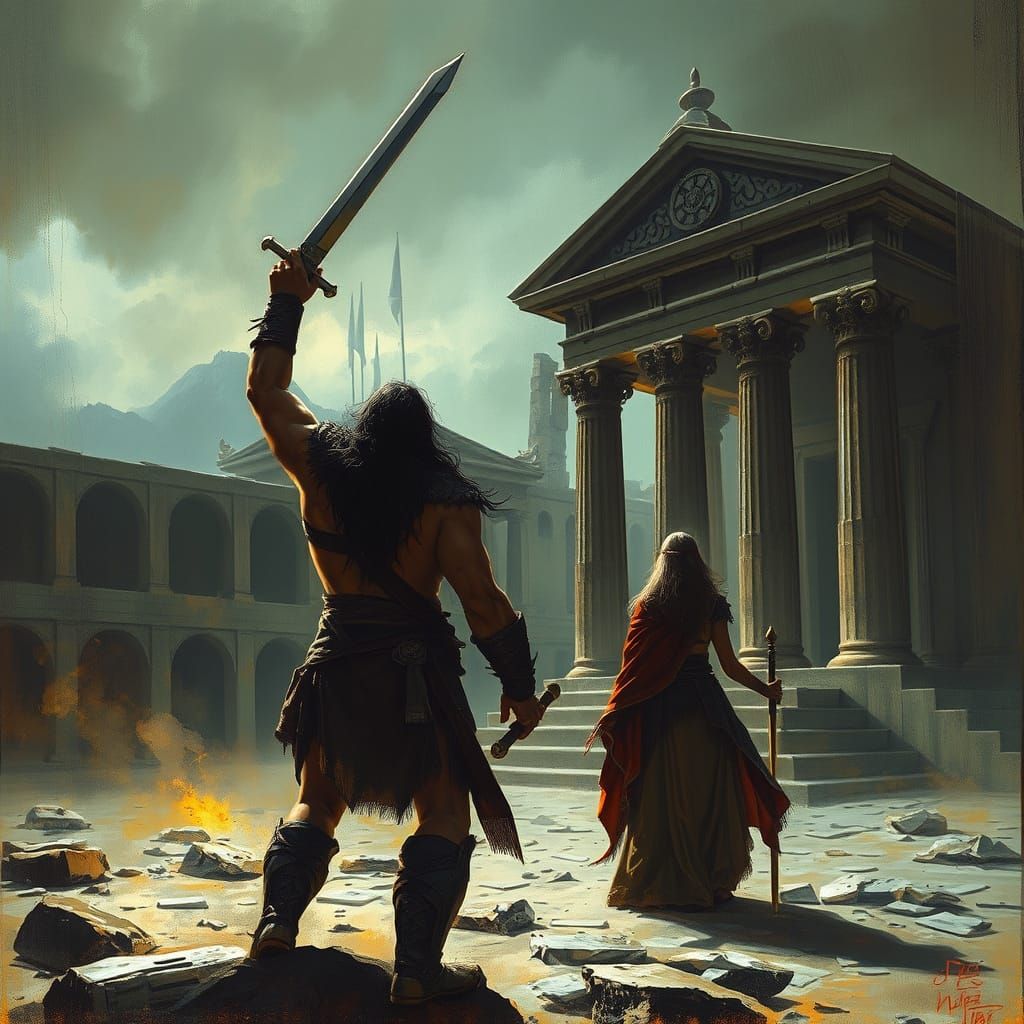 Conan and Wife Cautiously Explore Temple Shadows