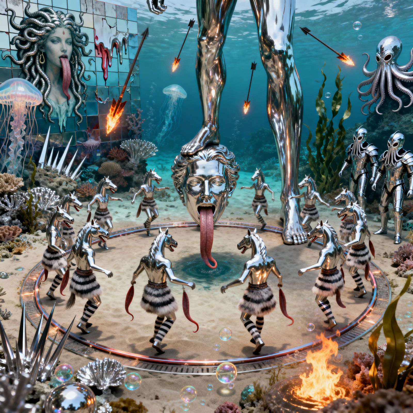 Chrome Ocean Diorama with Fanged Horse-Headed Beings
