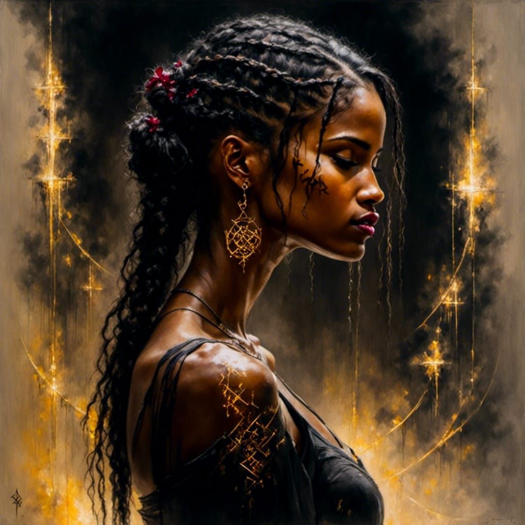 Meditating Woman with Glowing Runes in Forest