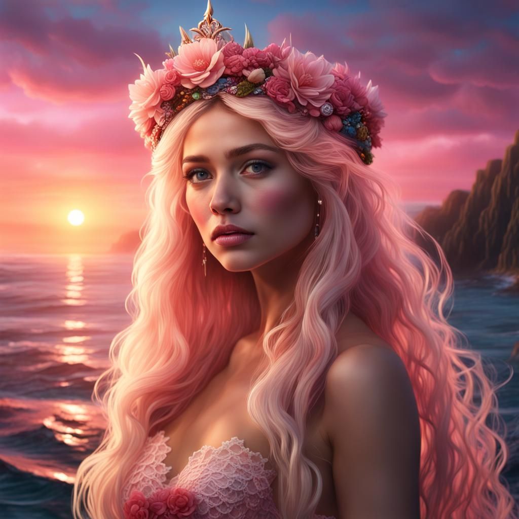 Hyperrealistic Mermaid with Flower Crown at Sunset