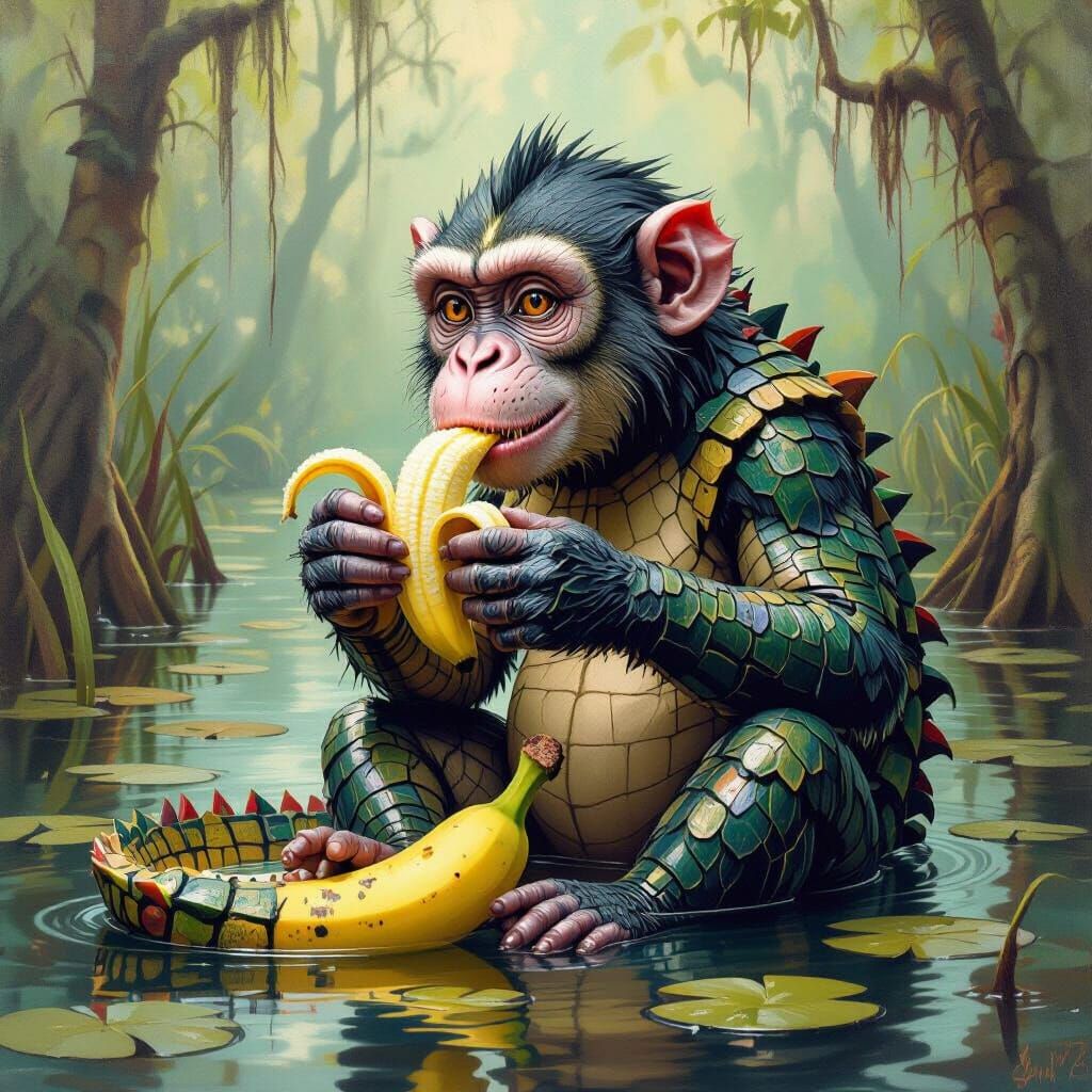 Surreal Swamp Creature: Monkey-Alligator Hybrid in Oil Paint...