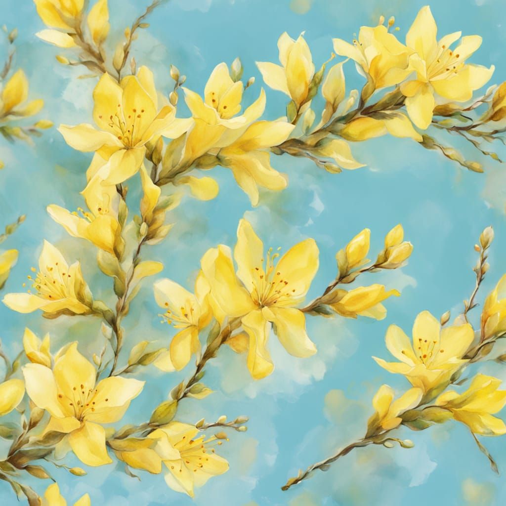 Vibrant Forsythia Blooms in Soft Focus Watercolor