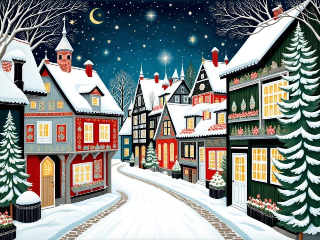 Snowy Scandinavian Village in Folk Art Style