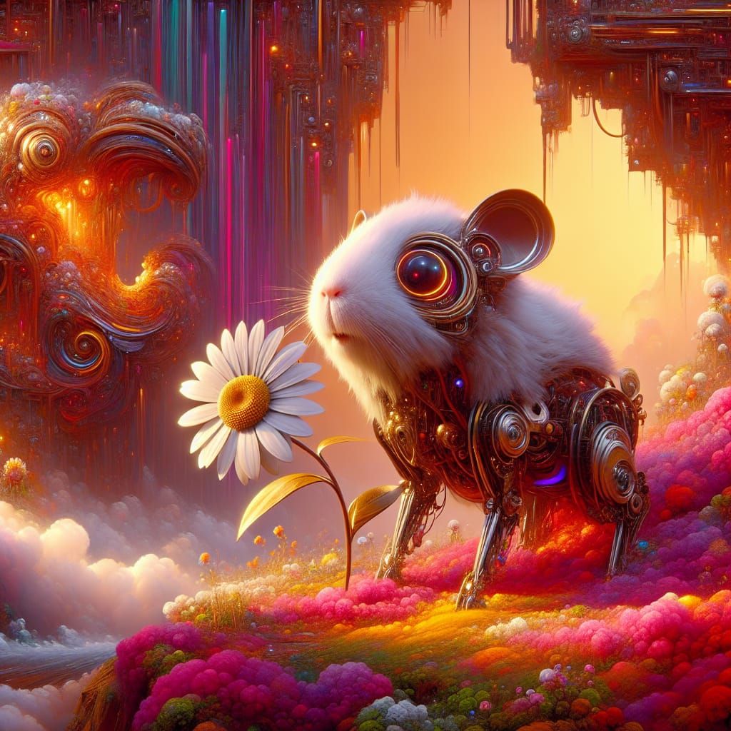 Robotic Guinea Pig and Daisy in Fantasy Landscape