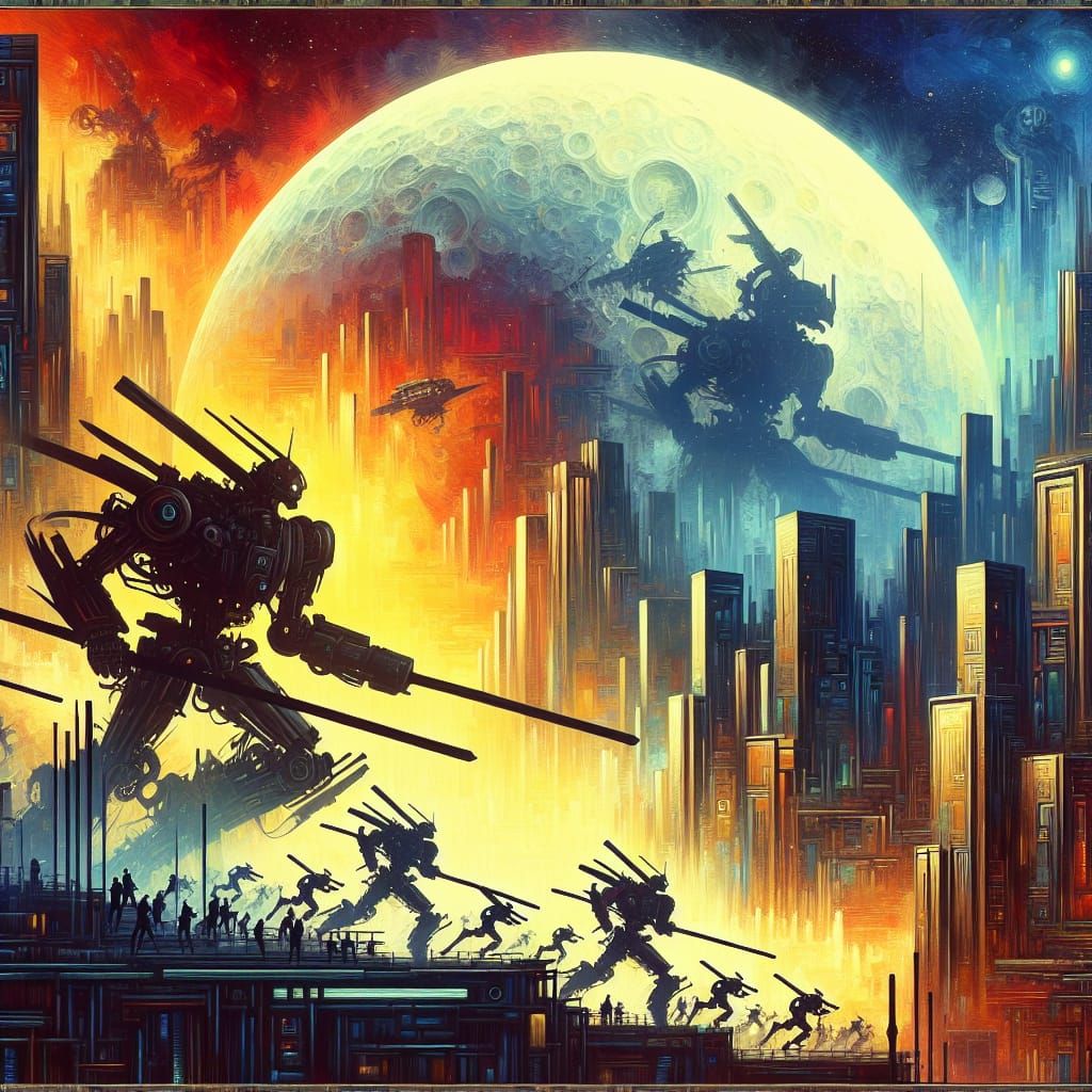 Epic Mech Battle on Skyscraper, Vibrant Painting