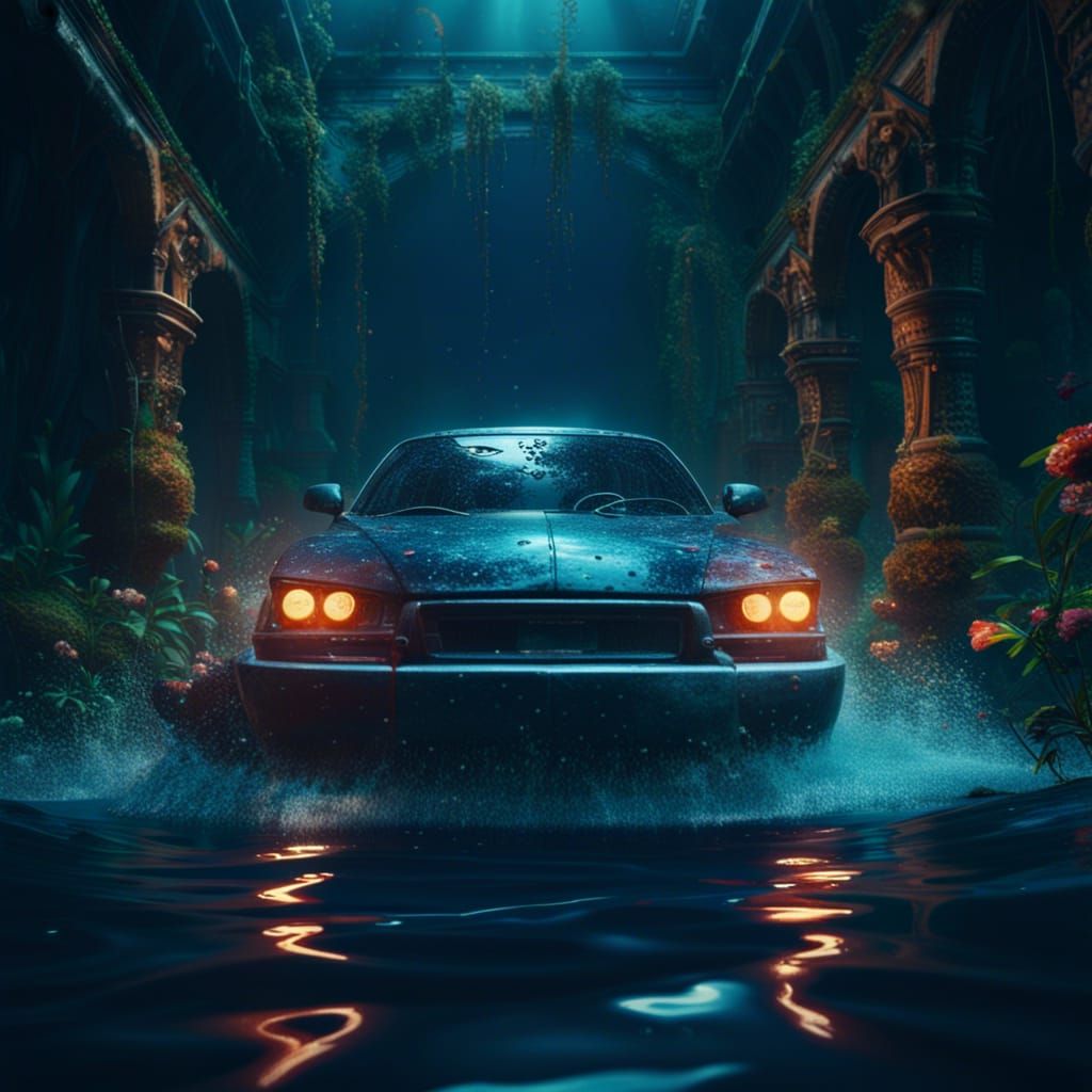 Car Drives Underwater in Detailed Matte Painting