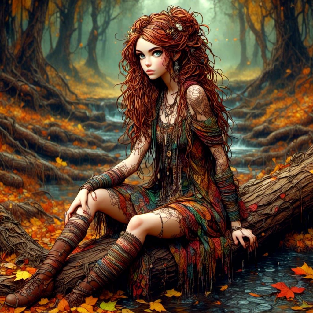 Autumn Woman in Batik Pattern Landscape