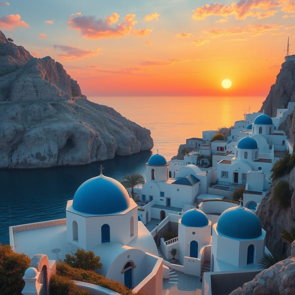Whitewashed Greek Village at Sunset Amidst Limestone Cliffs ...