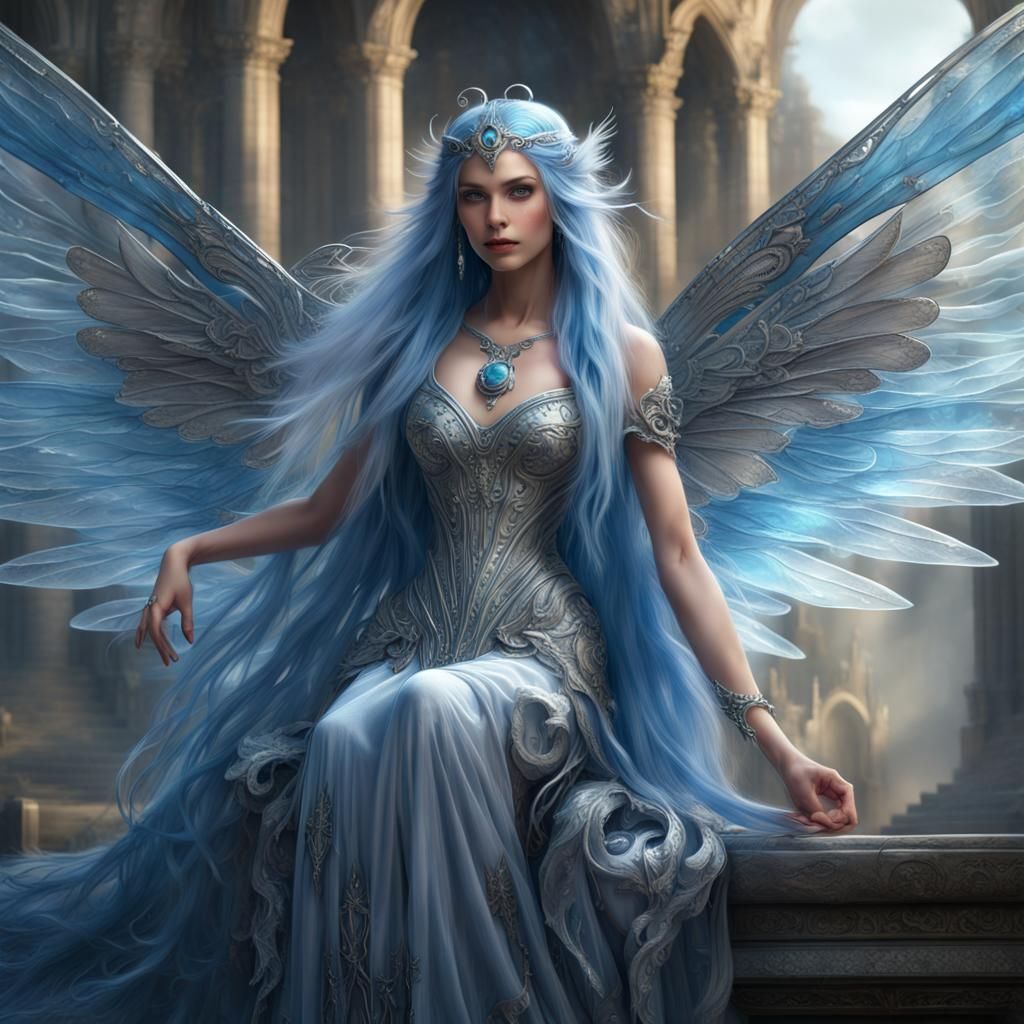 Blue-Haired Fairy Flight in Dark Fantasy Style