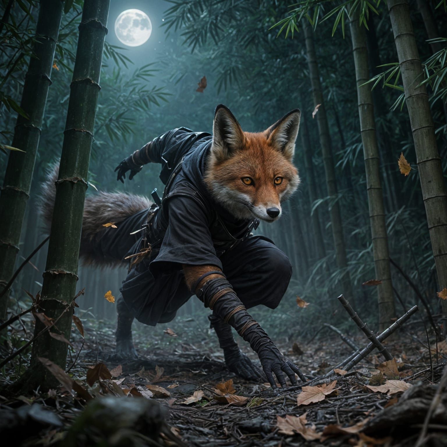 Cunning Fox Ninja in Moonlit Bamboo Forest