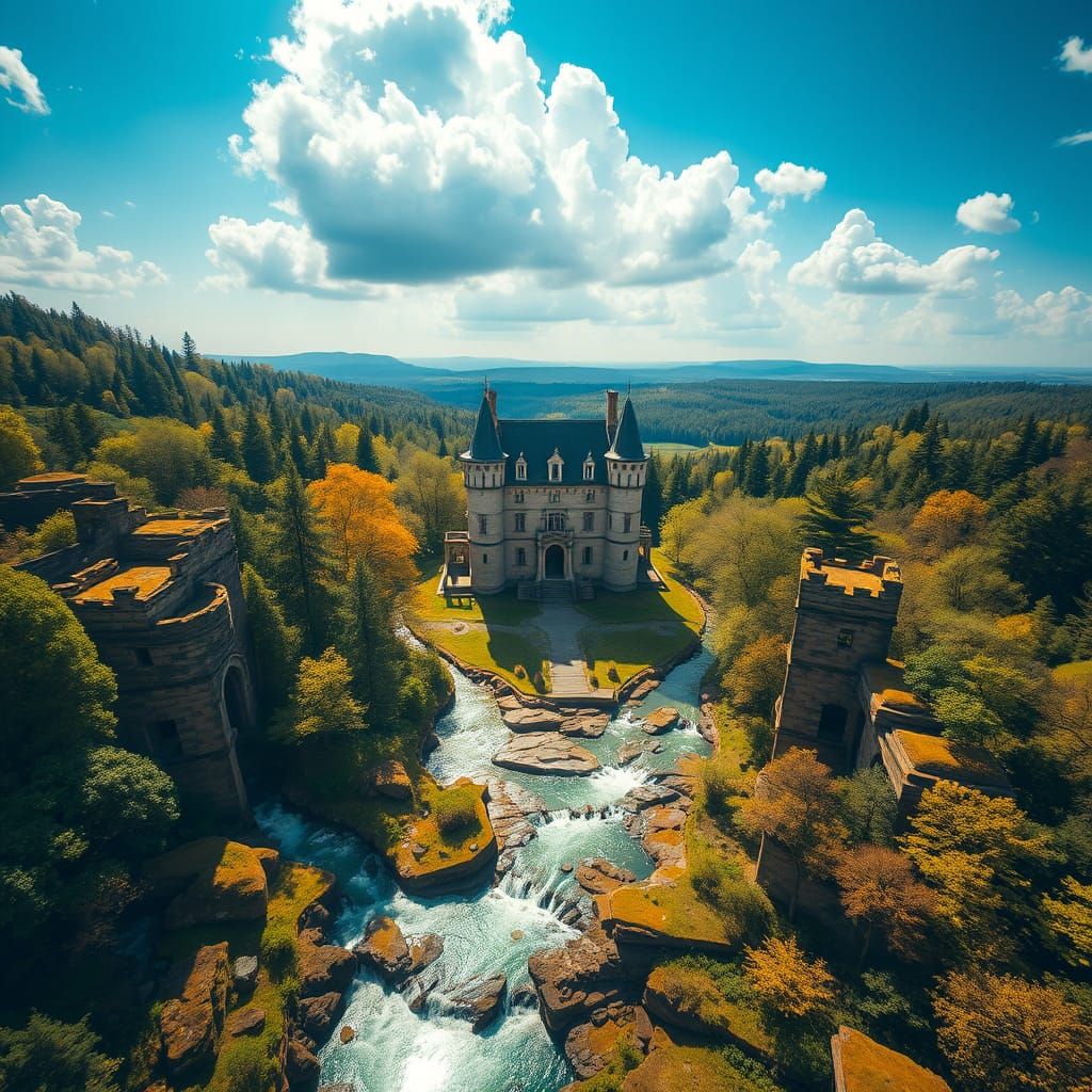 Aerial View of Ruined Castle in Woodland, Photorealistic Sty...