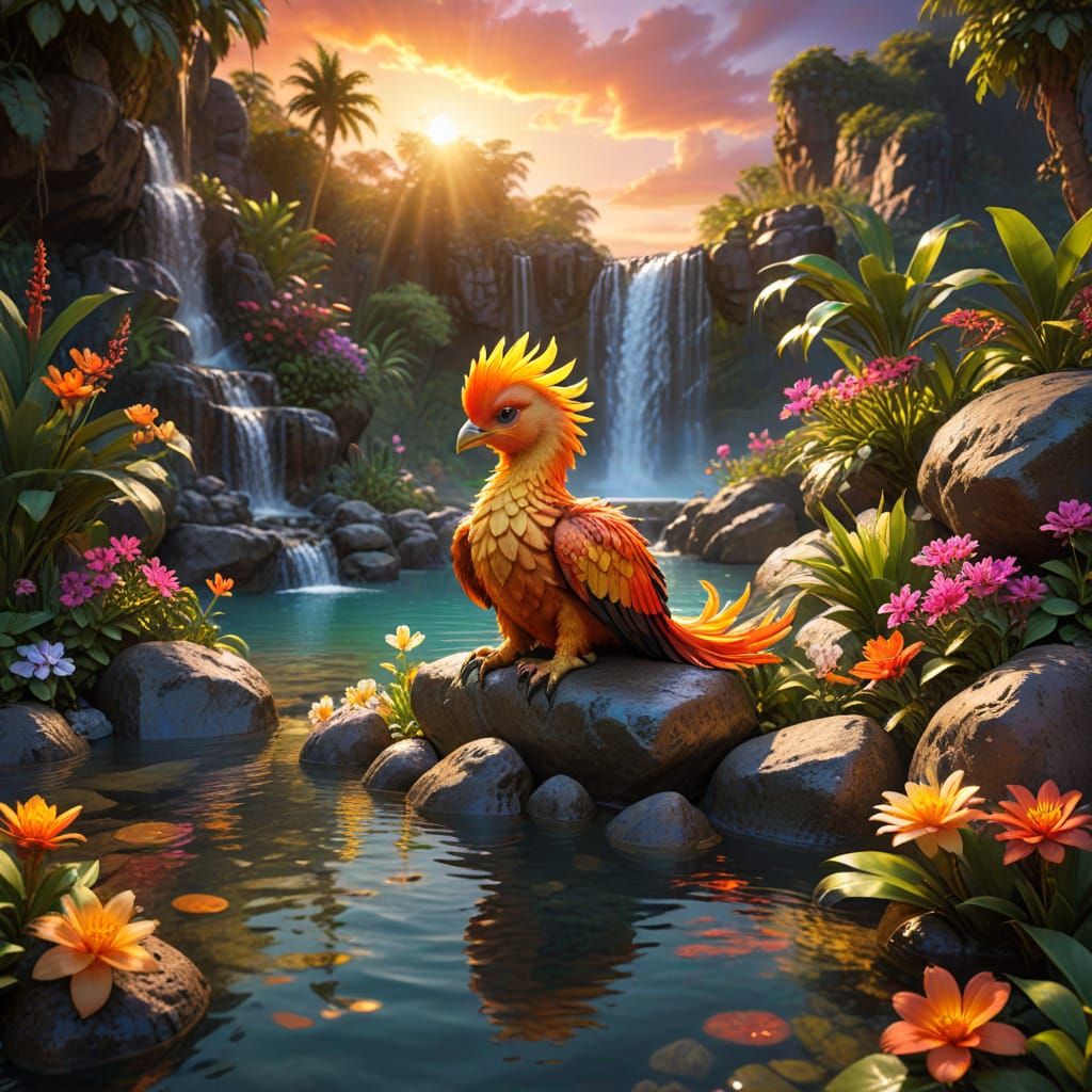 Cute Baby Phoenix in Tropical Lagoon Sunset
