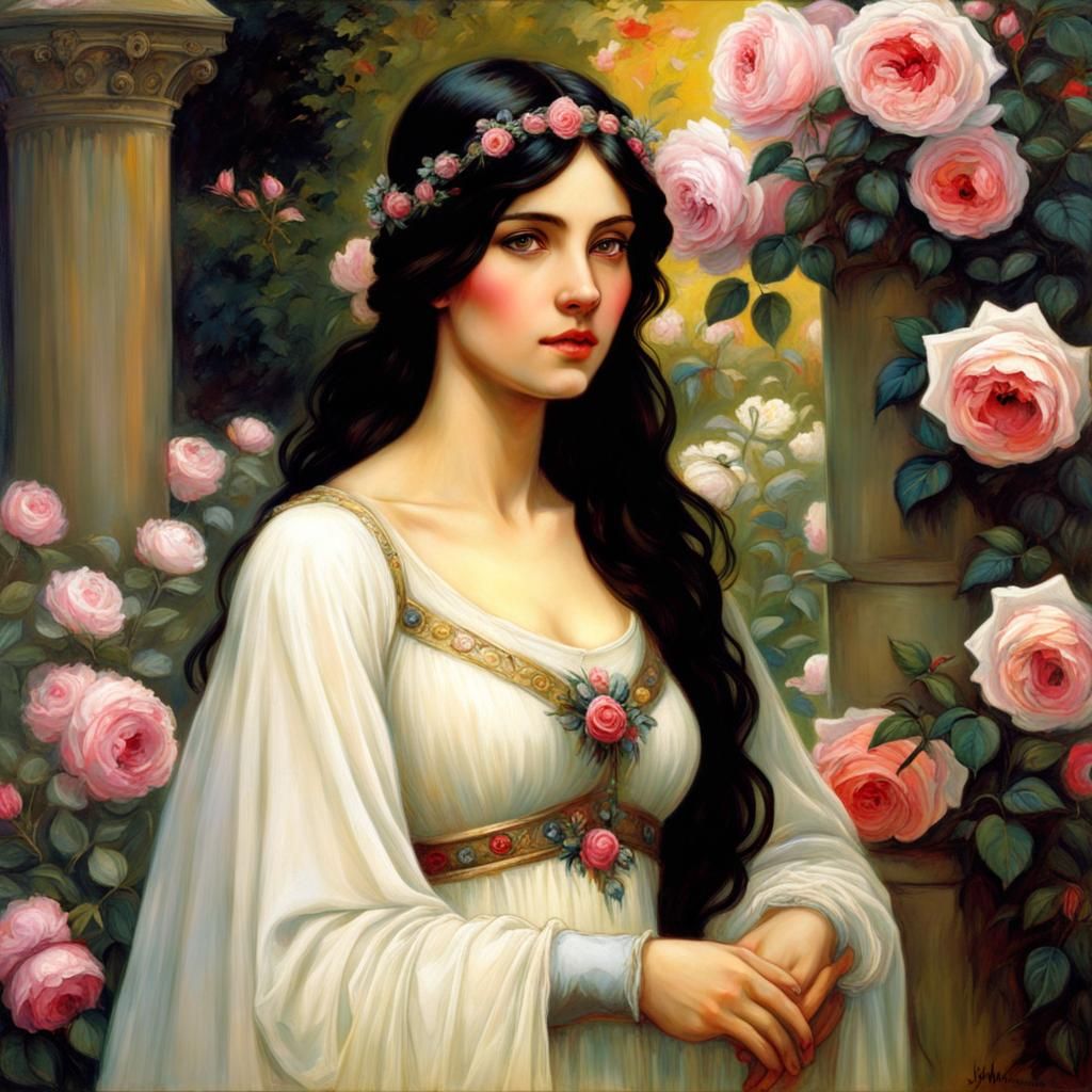 Medieval Maiden in Rose Garden, Waterhouse Style