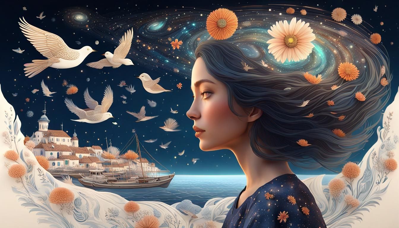 Woman Holding Galaxy with Birds and Flowers