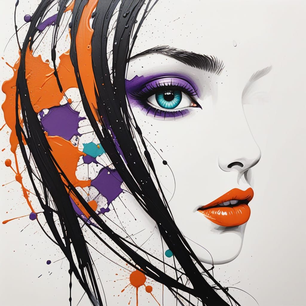Abstract Girl's Face with Vibrant Hair and Expressive Eyes