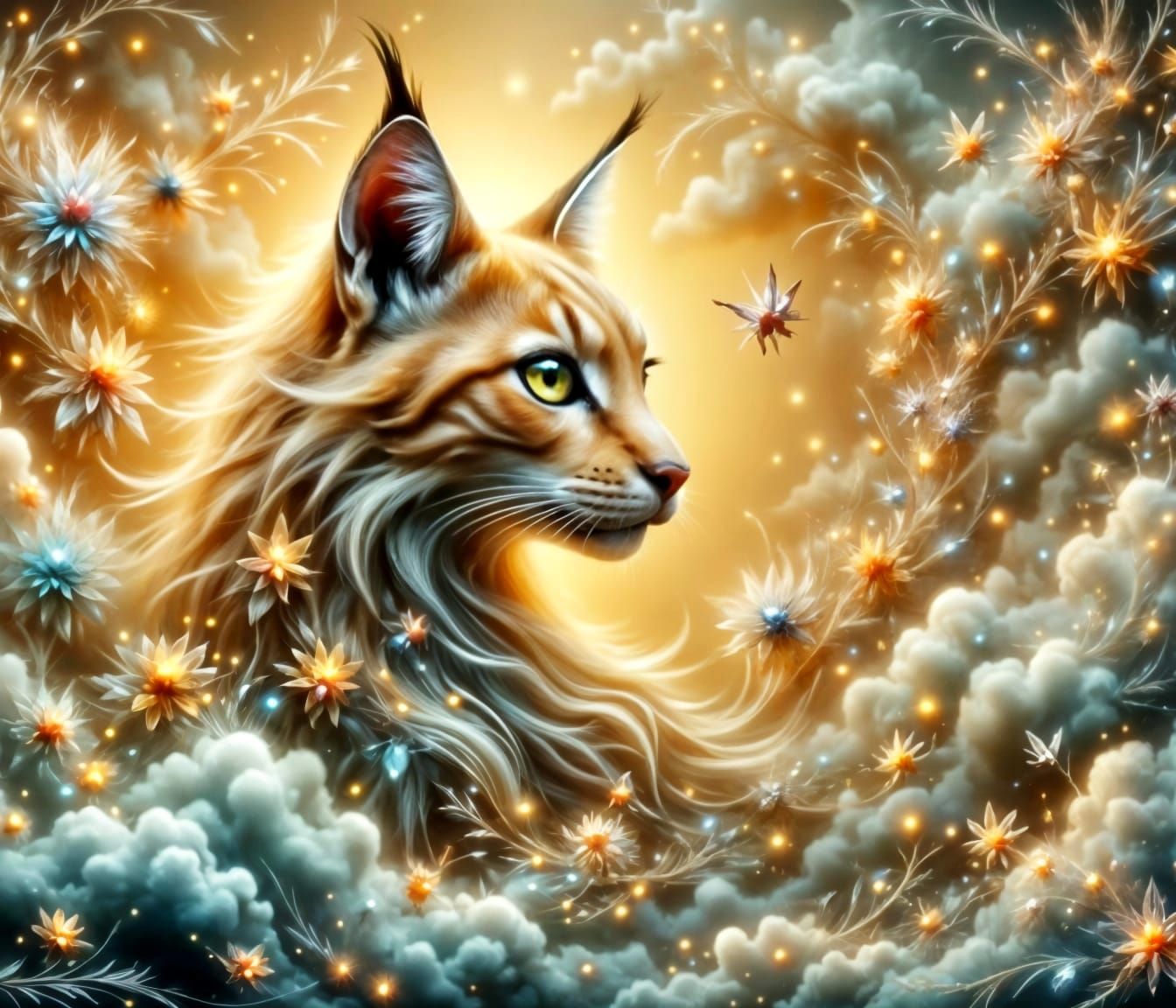 Golden Caracal Lynx in Starry Clouds