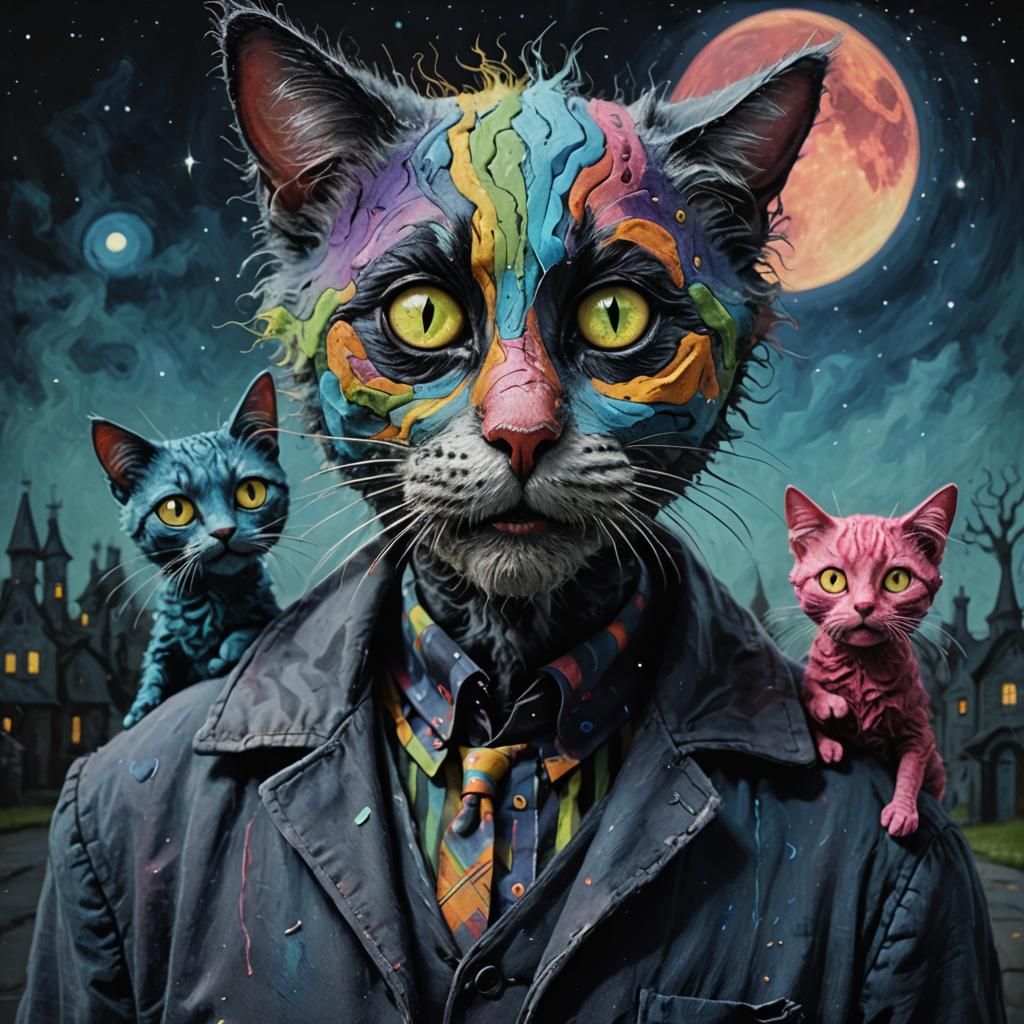 Humorous Burtonesque Cat in Impressionistic Chalk Art