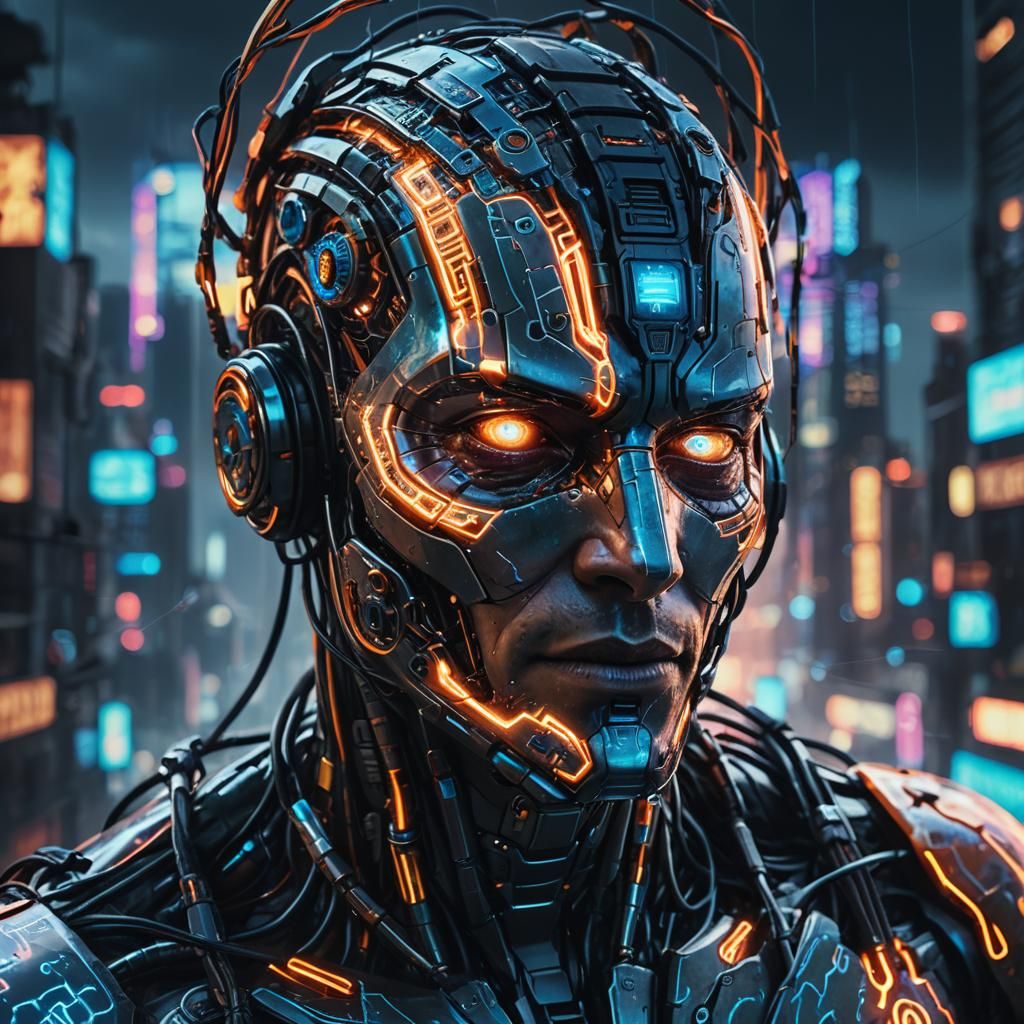 Futuristic Cyborg Head in Cyberpunk Style
