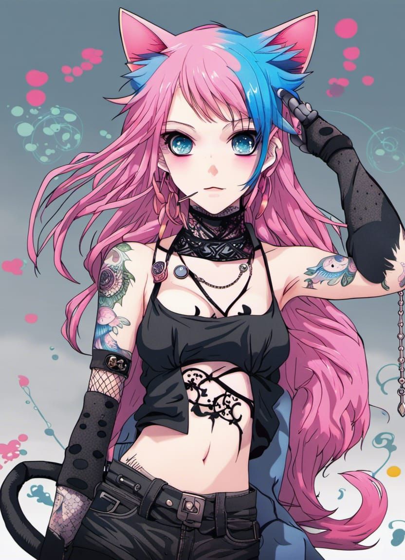 Anime Neko with Piercings and Tattoos