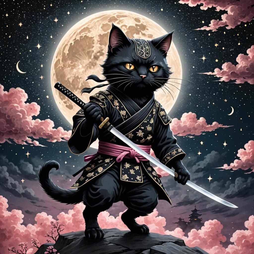 Velvet Ninja Cat Under Moonlit Sky