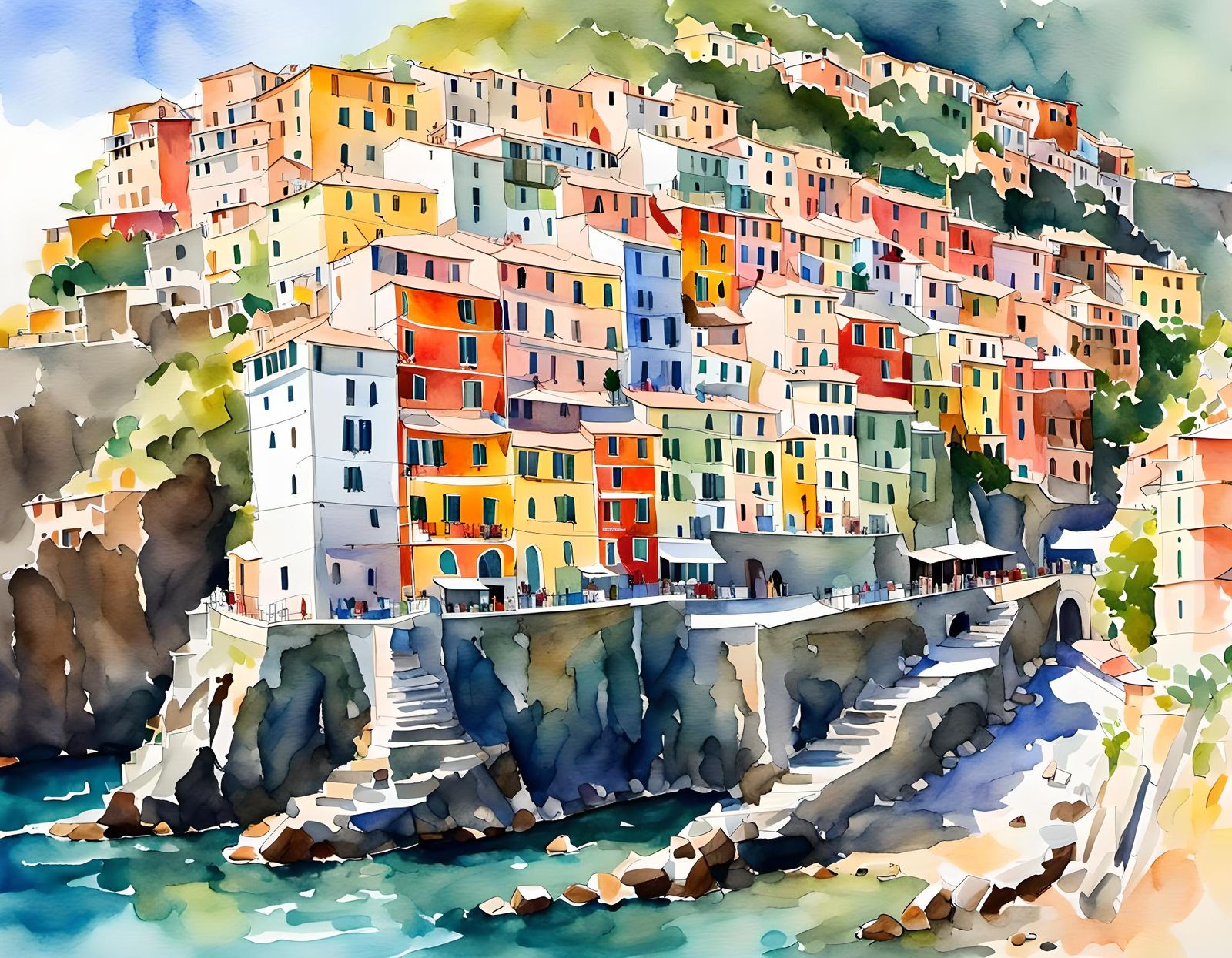 Corniglia in Watercolor Painting with Expressive Details