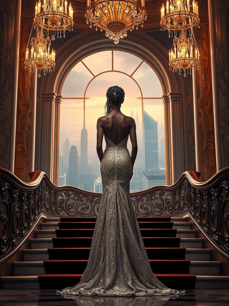 Elegant Dark Goddess Ascends the Grand Staircase