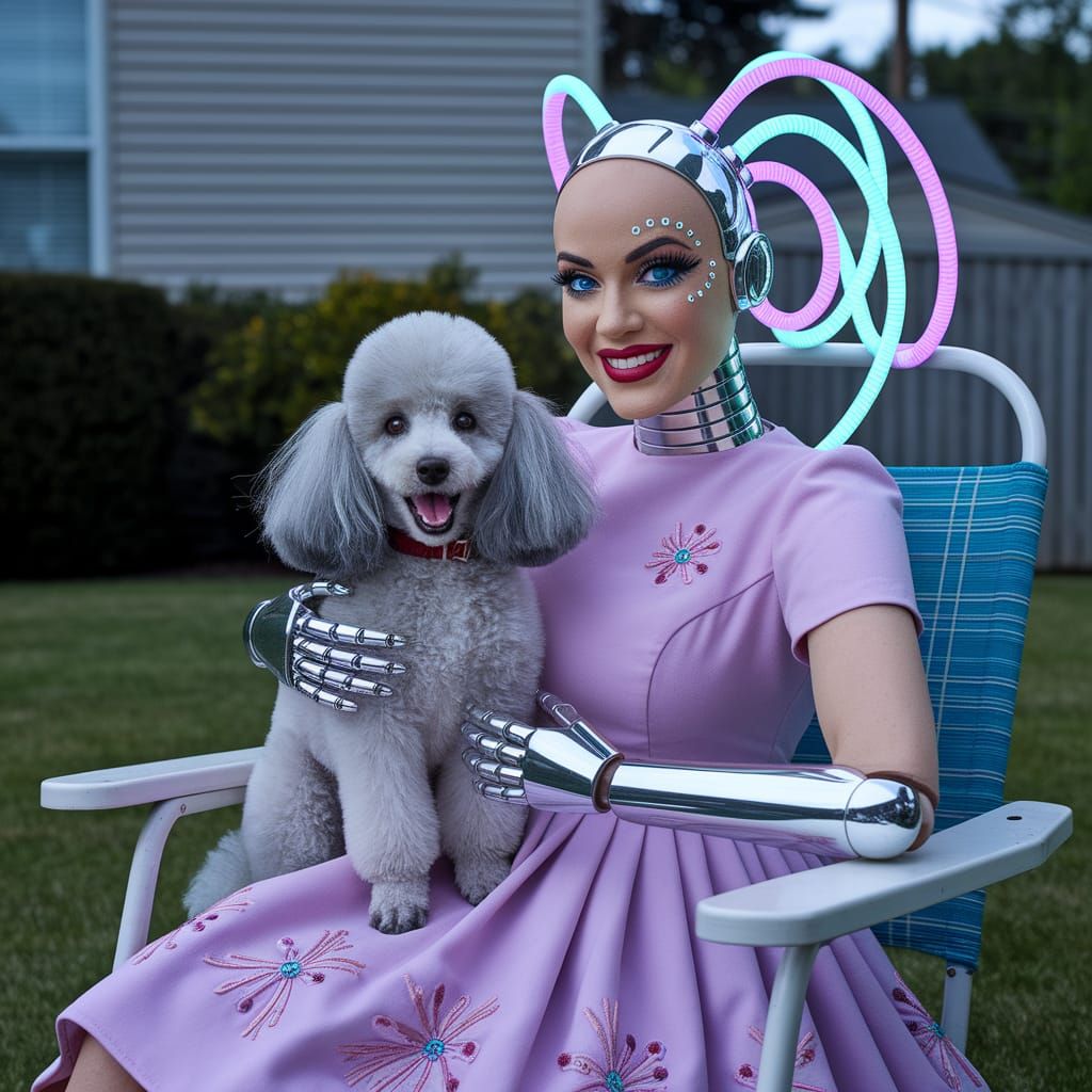 Cyberpunk Goddess Poses with Pet Poodle in Midcentury Lawn C...
