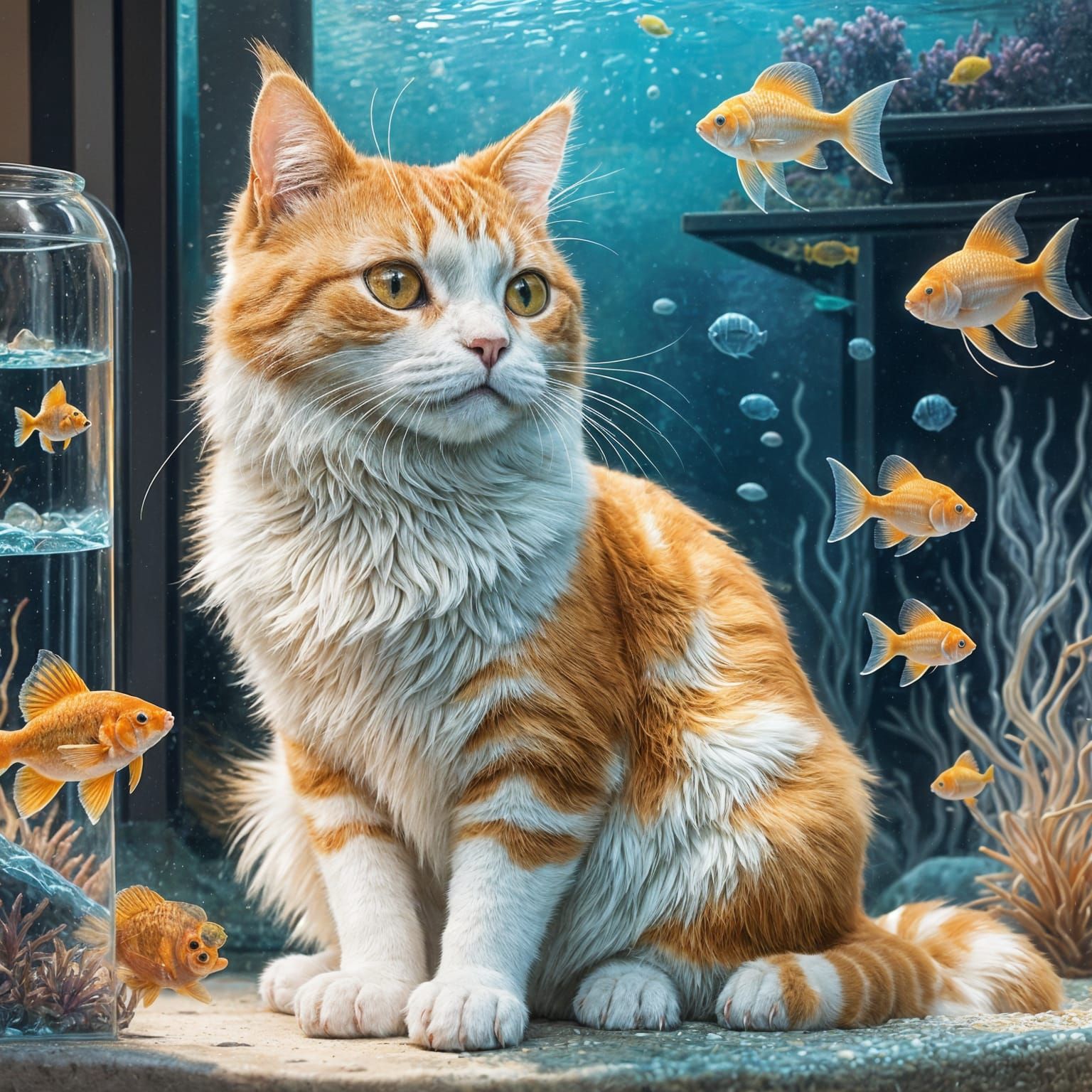 Tabby Cat Contemplates Colourful Fish
