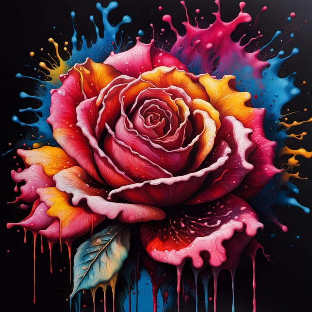 Vibrant Oriental Rose in Swirling Ink Splatter Art