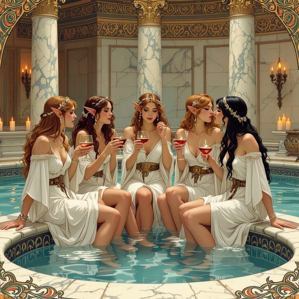 Elven Women Celebrate in Roman Bathhouse, Art Nouveau Style