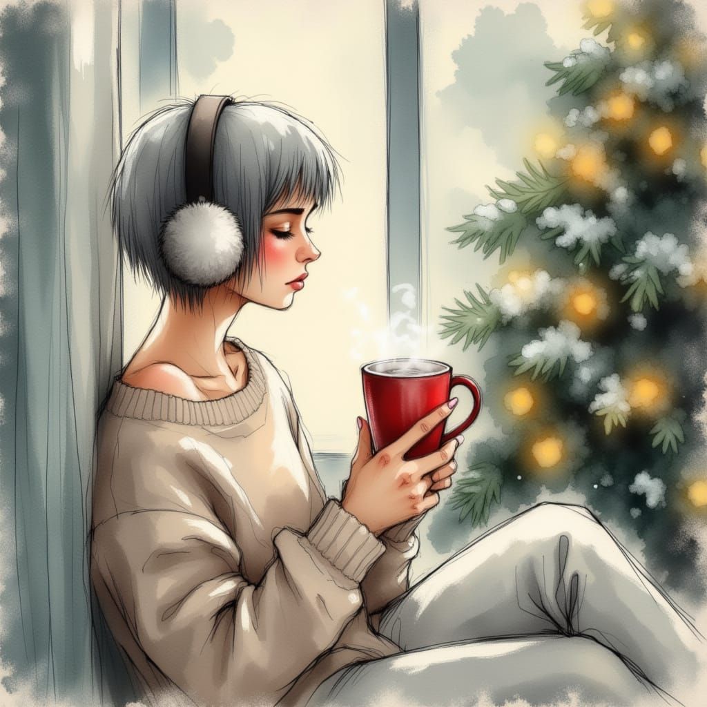 Cozy Christmas Scene Watercolor Style