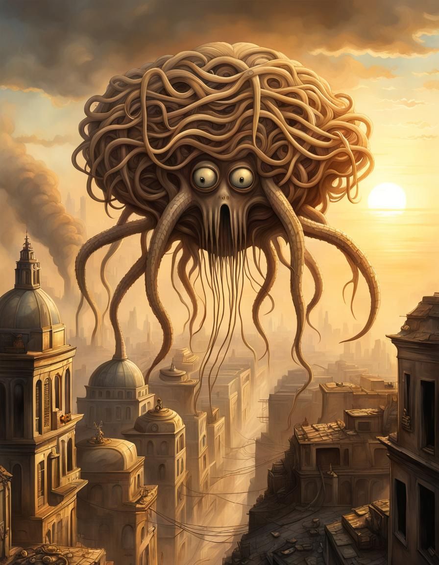 Flying Spaghetti Monster Over Dystopian City
