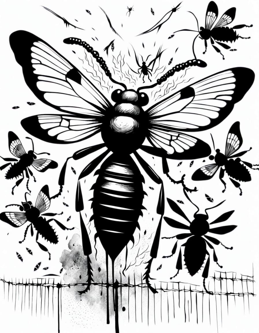 Ink Drawn Insects Escape Prison Wall in Chaotic Art